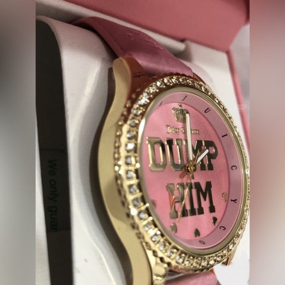 Juicy couture pink gold cz pave crystal bezel ‘Dump Him’ monogram wristwatch new main image 4